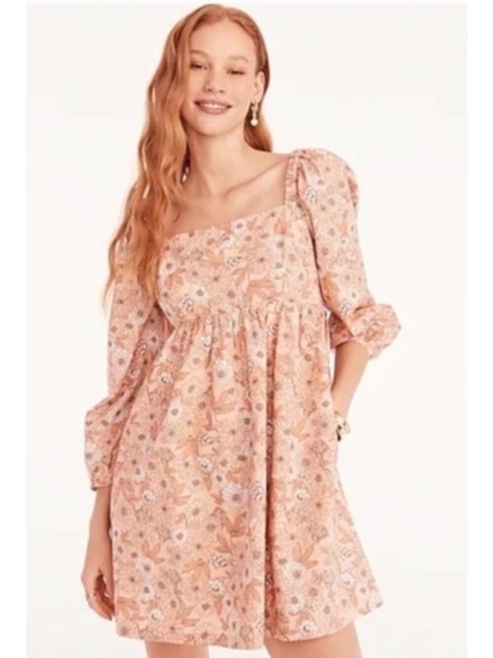 J.CREW Peach Zinnia Floral Print Squareneck Cotton Poplin Women's Dress Medium